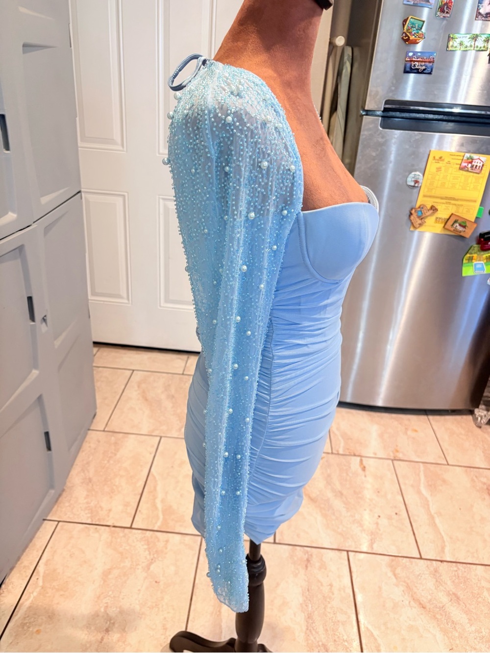 Oh Polly Sky Blue Ruched Backless Mini Dress - Picture 3 of 5